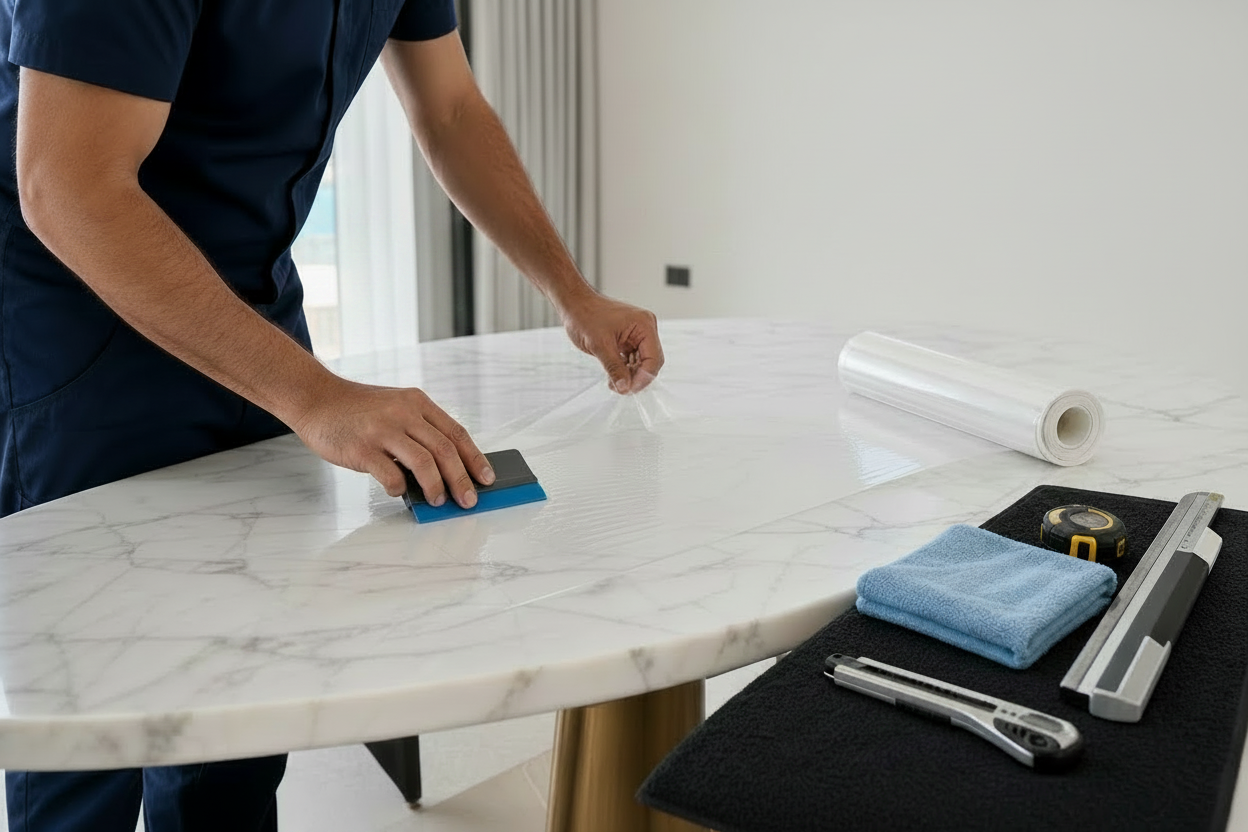 Professional table PPF installation on a marble table in Dubai